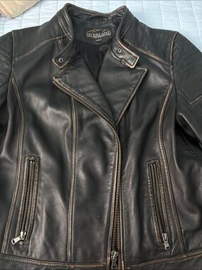Women's Overland Sheepskin Chelsea Black Leather Moto Jacket (L)
